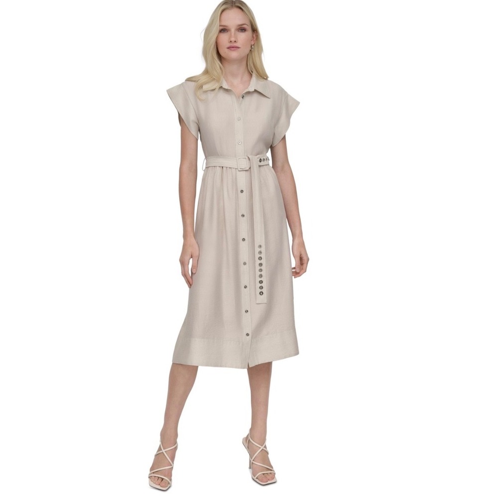 DKNY Womens Belted Midi Shirt Dress Sand Beige Short Sleeve DD5T1H82 Size 4